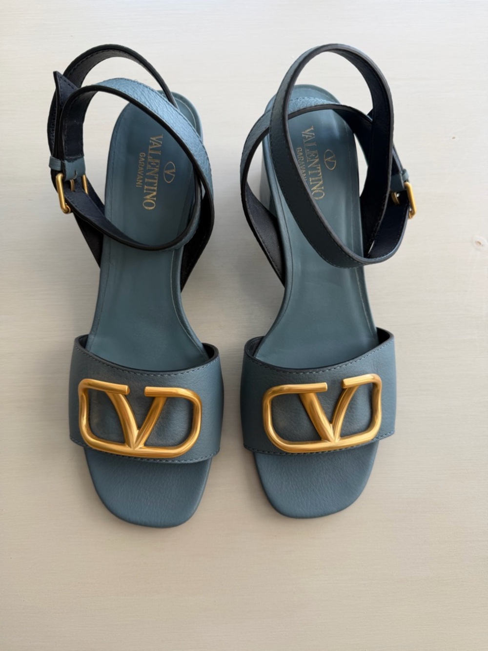 Valentino Garavani Slate Blue Leather Sandals with Gold V Logo